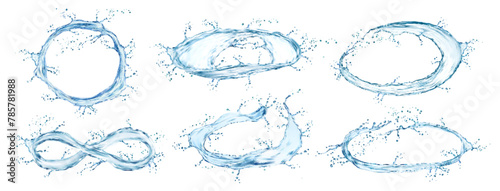 Round circle water splashes and swirls. Isolated 3d vector realistic set of blue fluid transparent waves and flows in motion. Fresh oval, circular and infinity shaped clear splashing dynamic droplets
