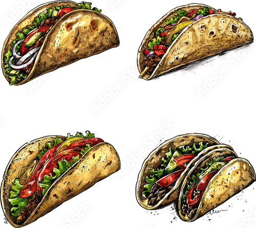 Set of Color engraving raster illustration Taco isolated on white background