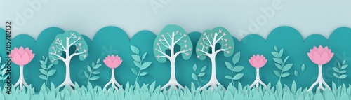 Illustration of a network of trees with interconnected roots, metaphor for organizational growth through teamwork, lush green tones Suitable for environmental themes, papercut style