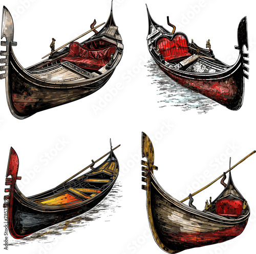 Color engraving raster illustration set of Venetian gondola isolated on white background