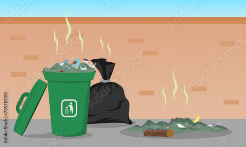 Piles of rubbish on city streets. Black trash bags and garbage container with unsorted trash. Vector illustration.