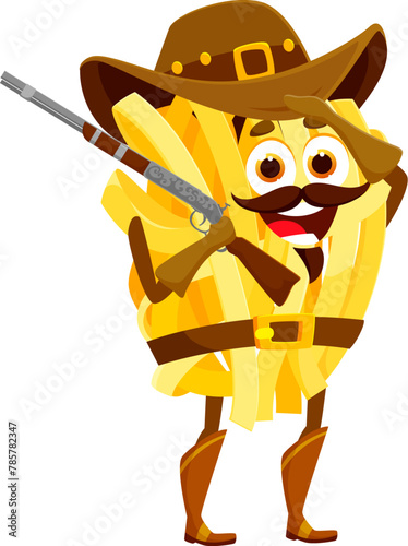 Cartoon Italian fettuccine pasta cowboy and sheriff, robber, ranger and bandit character. Food Wild West cowboy, noodle western bandit or Italian pasta Texas ranger vector personage with rifle