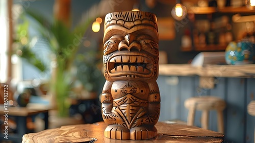 Ethnic Wooden Tiki Idol in Modern Surf Bar Decor. Concept Tiki Idol Decor, Surf Bar, Ethnic Style, Wooden Decor, Modern Design
