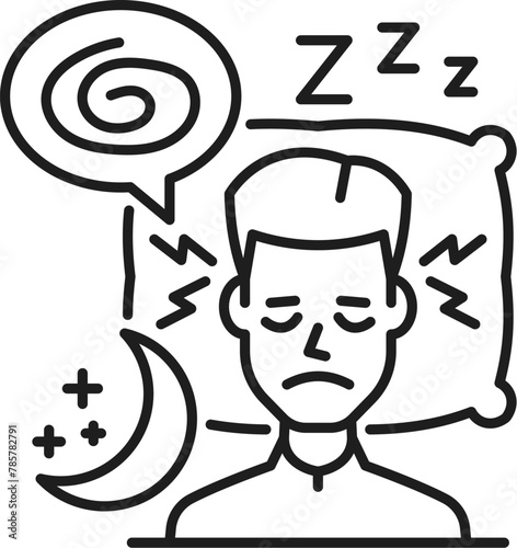 Insomnia line icon of hematology, anemia symptom, physical disease. Vector outline insomnia, sleeplessness, sleep disorder sign of tired and exhausted man lying on pillow and trying to falling asleep