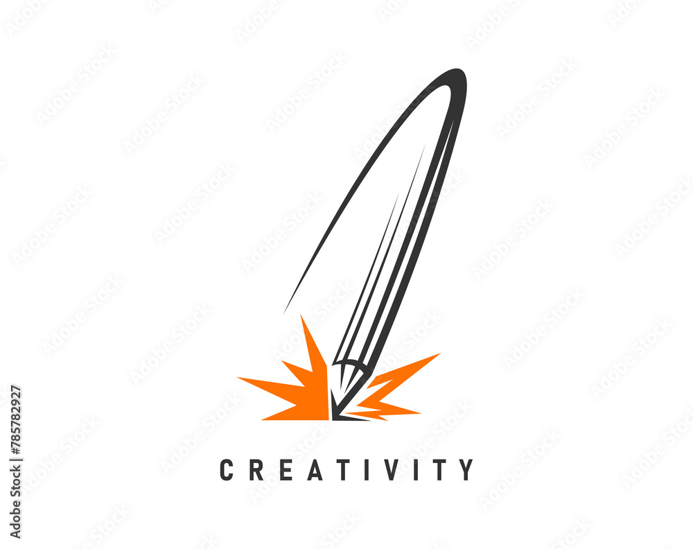 Creative idea pencil icon for creativity and graphic design studio, vector emblem. Pencil comet and idea burst explosion line icon for creative innovation, advertising agency or architect designer Creative idea pencil icon for creativity and graphic design studio, vector emblem. Pencil comet and idea burst explosion line icon for creative innovation, advertising agency or architect designer