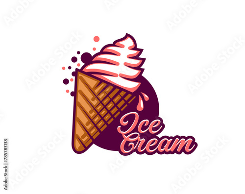 Chocolate ice cream in waffle cone icon for gelato dessert or gelateria, vector emblem. Soft ice cream in wafer cone with sweet chocolate syrup drops for Italian gelato and ice cream shop or cafe menu