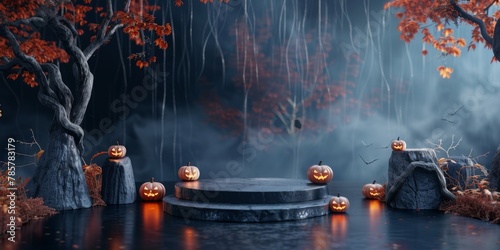 Spooky Halloween Scene With Pumpkins and Fountain