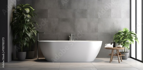 View of minimal bathroom interior design with white ceramic bathtub  wood counter and white sink  and wood stool decorated with many indoor plants near big windows. Generative AI.