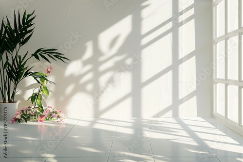 Sunny white room adorned with a vase of greenery and a window. Serene indoor oasis.