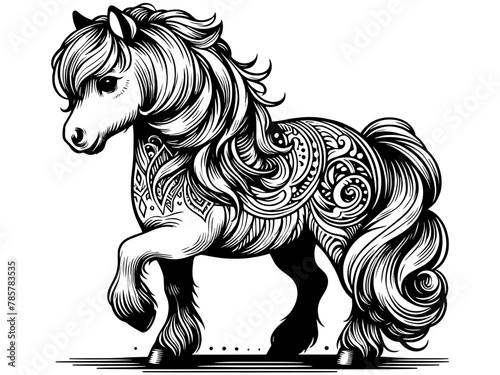 Pony with a beautiful mane and tail. Coloring book for adults and children. Vector, generative ai.