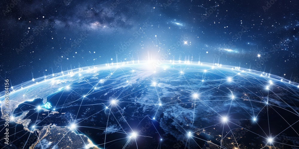 Abstract depiction of a blue and white planet with connecting lines. Interstellar communication network. Abstract depiction of a blue and white planet with connecting lines. Interstellar communication network.