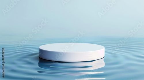 White round pedestal on a blue water surface with a ripple effect  ideal for cosmetic product display