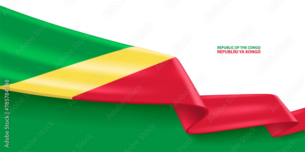 Vecteur Stock Republic of the Congo 3D ribbon flag. Bent waving 3D flag ...