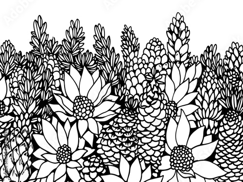 Graphic cones drawn in line art style. Vector pattern Conifer cone and flowers. Coloring page adults and kids. Illustration, generative ai.