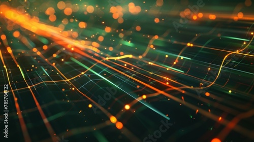 Fluorescent green and orange lines intersect and overlap on a dark and mysterious backdrop. photo