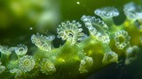 A delicate microorganism with a translucent body adorned with intricate frills and tentacles can be seen drifting lazily a s of green
