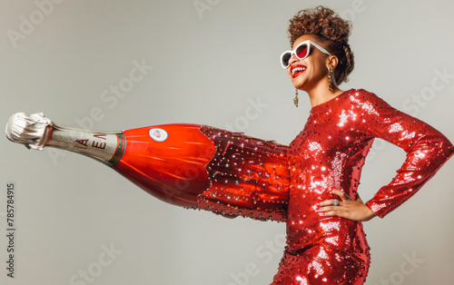 The woman exudes joy with a giant bottle of champagne, glamorously dressed in a sparkling red dress and trendy sunglasses, giving off celebratory vibes. The concept of festive occasions. photo