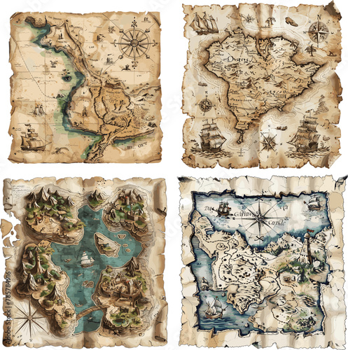 Color engraving raster illustration set of Treasure map isolated on white background