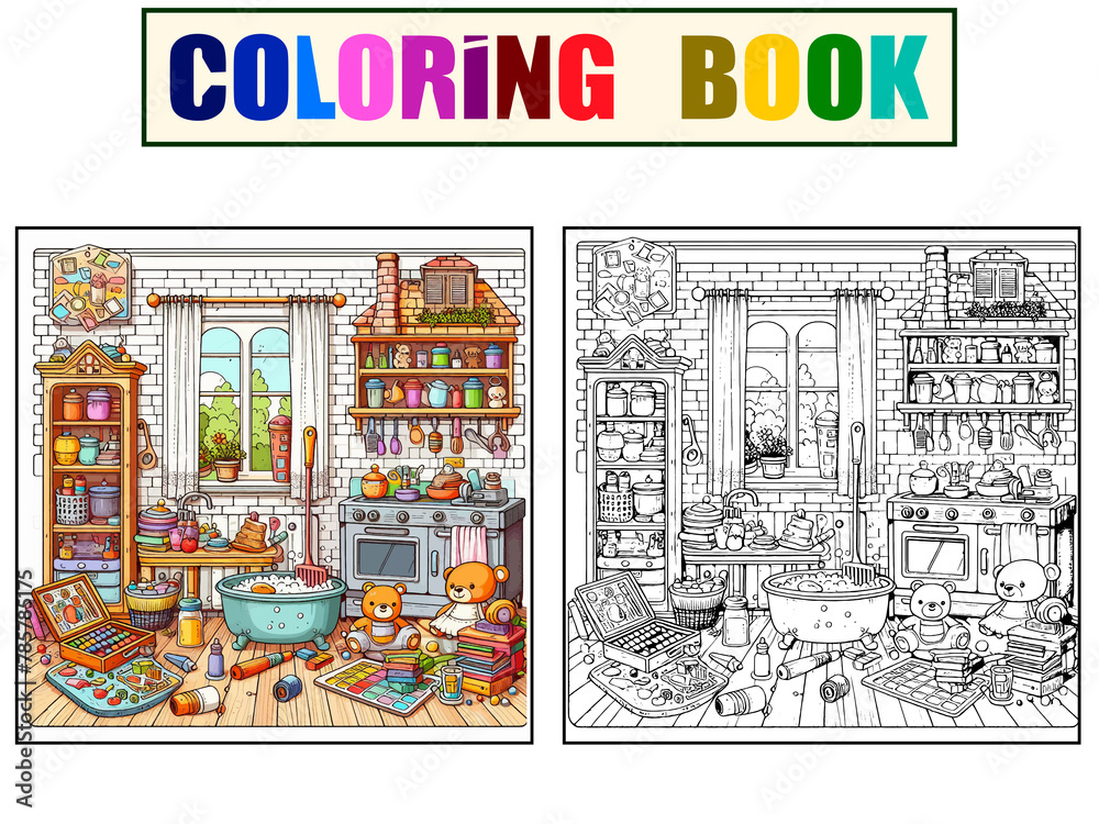 Set coloring and color picture, kitchen room. Like grandma, cute childish. Raster, generative ai.