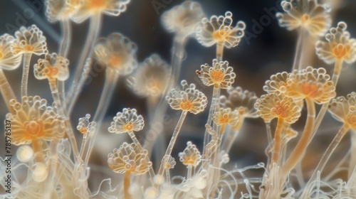 A microscopic view of fungal spores with small hairlike projections creating a mesmerizing image of a microscopic forest filled with photo