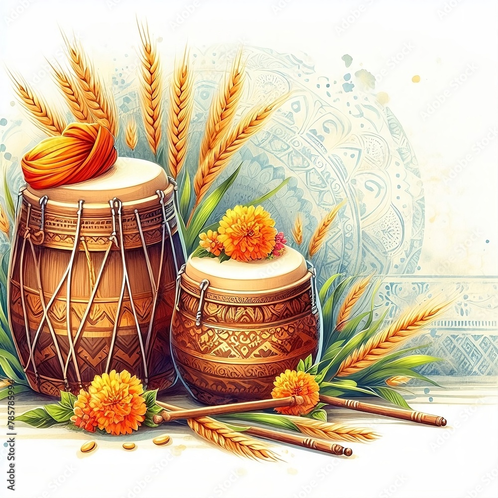 Naklejka premium Happy baisakhi watercolor card illustration with dhol and wheats created with generative ai