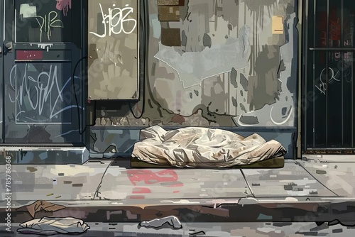 abandoned homeless persons living space with dirty mattress on street social issues realistic illustration