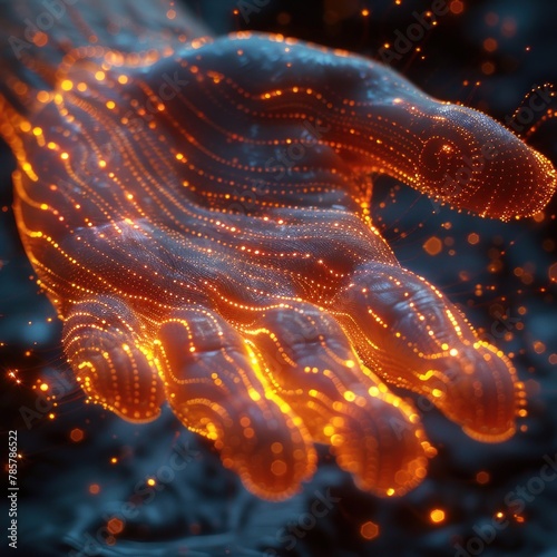 The five fingers touching the wavy sand dune particles glow brightly against the dark background. Abstract concept of technology innovation connected digital cyberspace.
