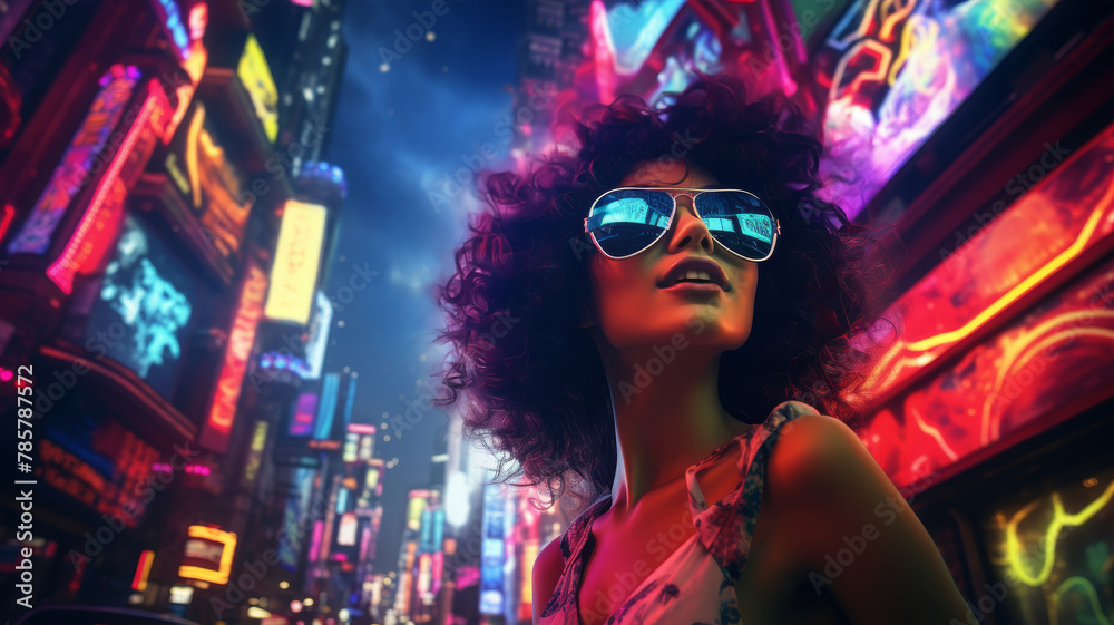 Stylish woman in trendy tinted glasses reflecting multicolored lights of cyberpunk blurred cityscape