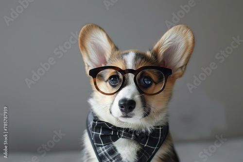adorable corgi puppy wearing oversized glasses and necktie humorous animal portrait © Lucija