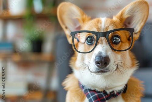 adorable corgi puppy wearing oversized glasses and necktie humorous animal portrait photo