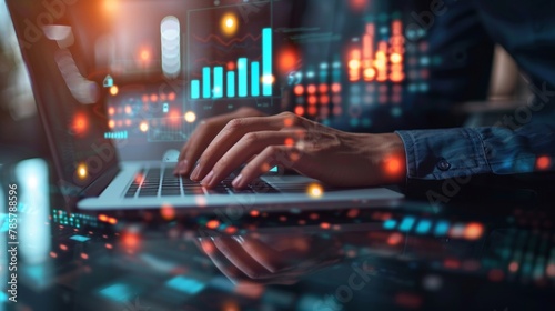 A blurred background featuring a closeup of a businessmans hands typing on a laptop keyboard surrounded by icons and graphs symbolizing the digital tools and automation driving successful . photo