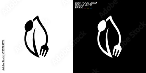 Vector design template of spoon and fork combination with leaf logo, restaurant, equipment, cutlery, vegetables, diet, symbol icon EPS 10