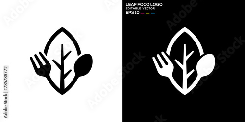 Vector design template of spoon and fork combination with leaf logo, restaurant, equipment, cutlery, vegetables, diet, symbol icon EPS 10