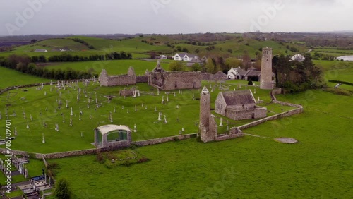 Serene aerial orbit captures the ancient ruins and serene landscape of Clonmacnoise Monastic Site. Offaly photo