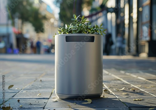 Blank mockup of a public trash can with a builtin deodorizer to eliminate unpleasant smells. . photo