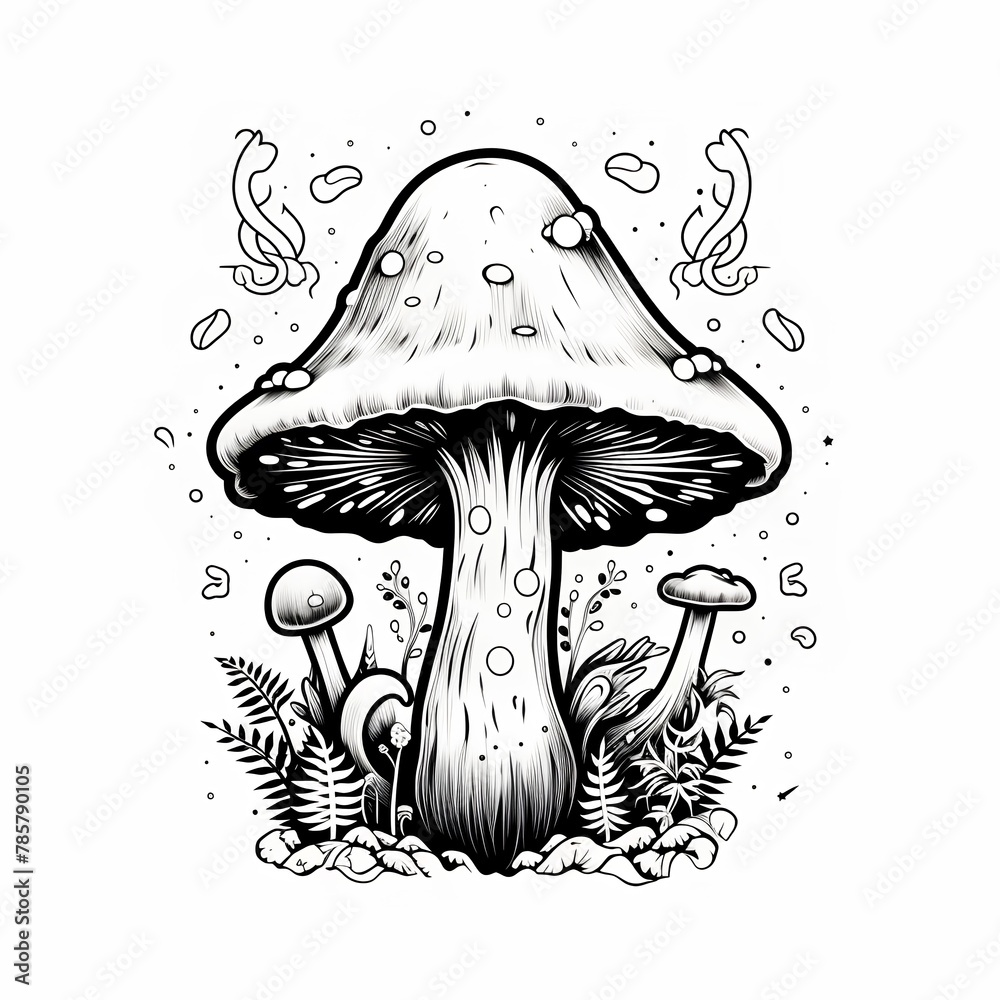 Black and white vector illustration of mushroom in the forest. Hand drawn sketch. Black and white vector illustration of mushroom in the forest. Hand drawn sketch.