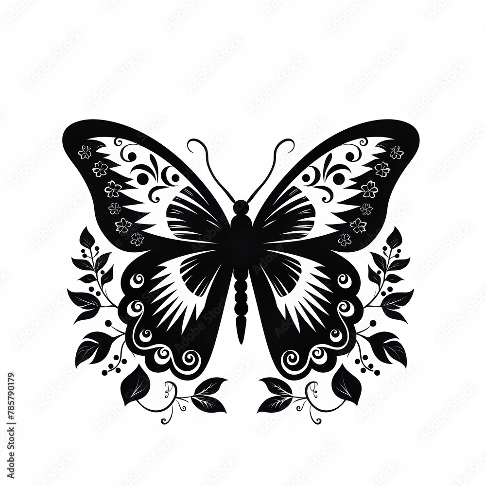 Butterfly with floral ornament. Black and white vector illustration. Butterfly with floral ornament. Black and white vector illustration.