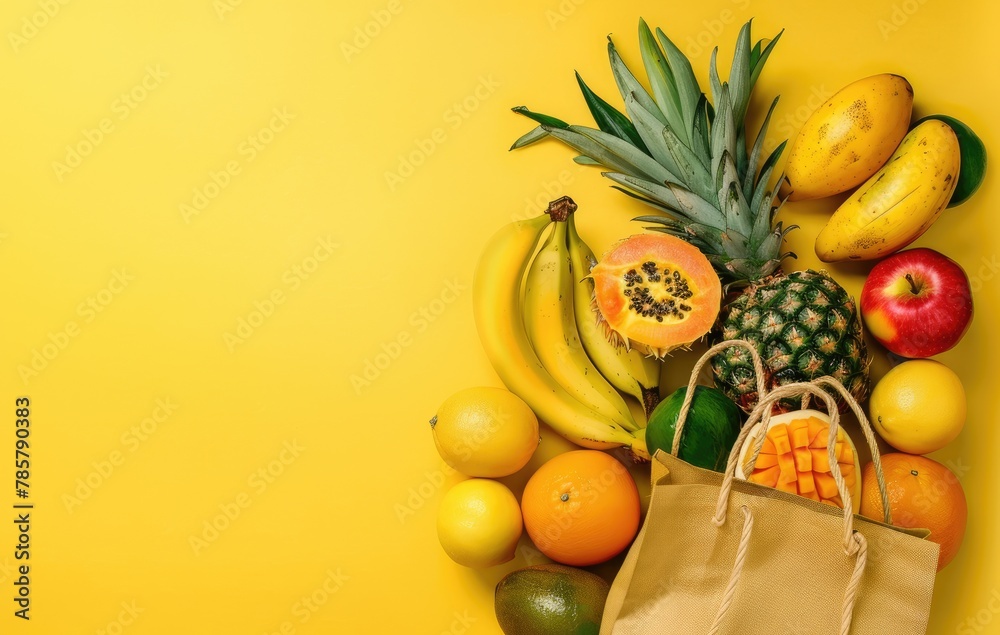 Shopping bag with tropical fruits in it, created with AI Shopping bag with tropical fruits in it, created with AI