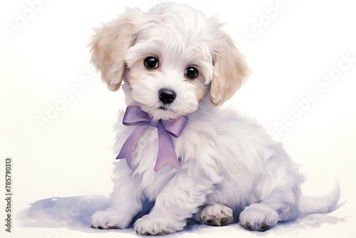 Cute Maltese puppy with purple bow sitting on white background.