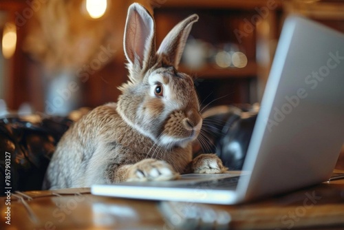 anthropomorphic rabbit in suit presenting new laptop technology surreal animal portrait