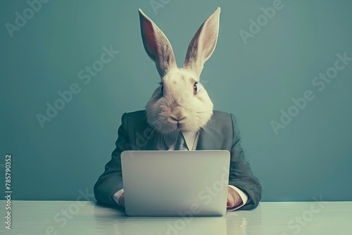 anthropomorphic rabbit in suit presenting new laptop technology surreal animal portrait