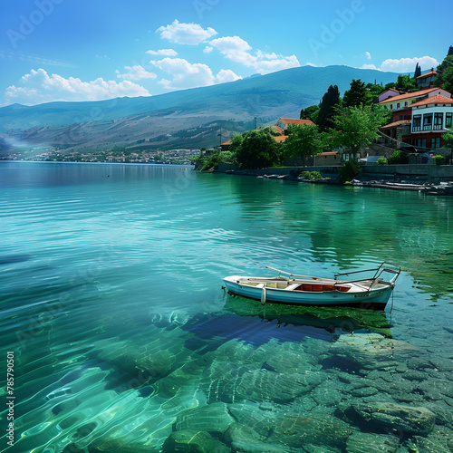 Calm and Serene Boat Ride on the Vibrant Lake Ohrid under Macedonia's Picturesque Mountain Range.  © Samuel