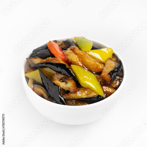 Di San Xian, Stir Fried Eggplant, Potato and Pepper, chinese food, on a white background