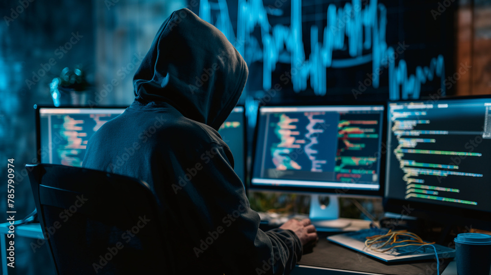 A hooded figure sits in front of multiple computer monitors displaying code, creating a mood of intense focus and high-tech work A hooded figure sits in front of multiple computer monitors displaying code, creating a mood of intense focus and high-tech work