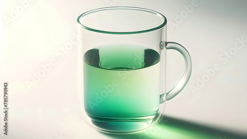 A glass cup containing a gradient mixture of transparent green liquid on an abstract white background