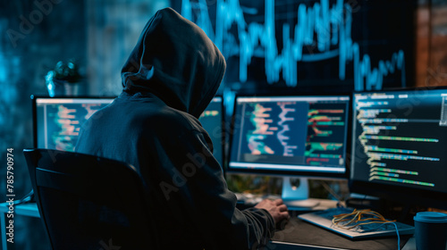 A hooded figure sits in front of multiple computer monitors displaying code, creating a mood of intense focus and high-tech work