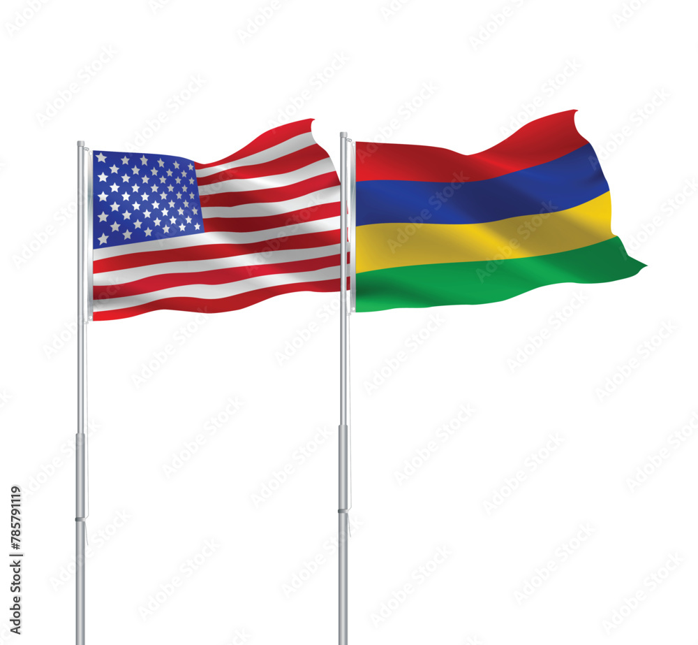 American and Mauritius flags together.USA,Mauritius flags on pole