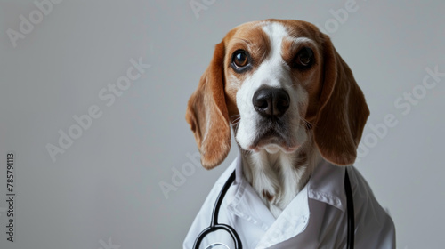 Portrait of beagle dog wearing doctor uniform or doctor gown with stethoscope isolated on clean background.