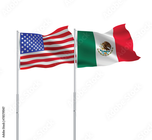 American and Mexican flags together.USA,Mexico flags on pole