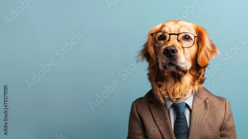 Portrait of golden retriever dog wearing glasses suit and tie as a businessman. Isolated on clean background. Copyspace on the side. --ar 16:9